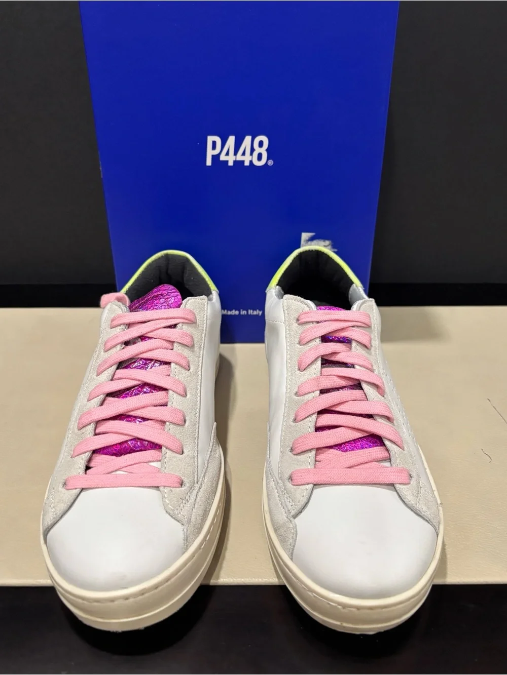 P448 Leather Sneaker John Dogma Low Top, White, Size 36, Neon Retro 80s Beach